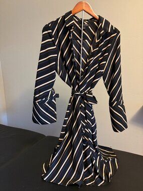 Banana Republic Striped Shirt Dress Black Tan Belted Midi Size 12 Long Sleeve